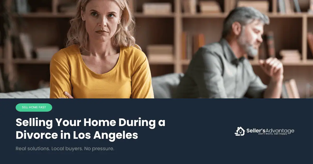 Woman with arms crossed looking directly at camera while man sits beside her looking away, illustrating tension between a couple navigating selling their home during a divorce