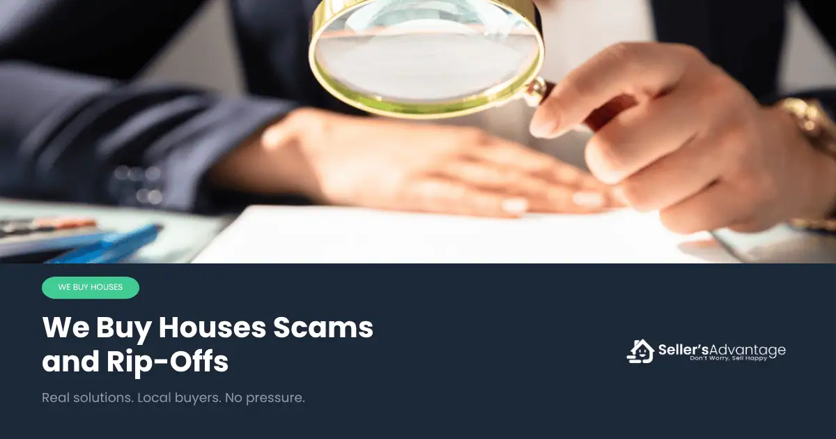 Magnifying glass over contract document, spotting we buy houses scams and rip-offs