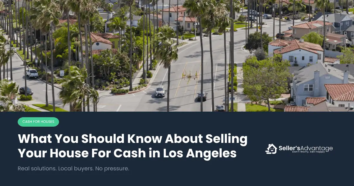 Aerial view of a palm-lined Los Angeles residential street with red-tile-roof homes, representing the local housing market covered in this guide to selling for cash in LA