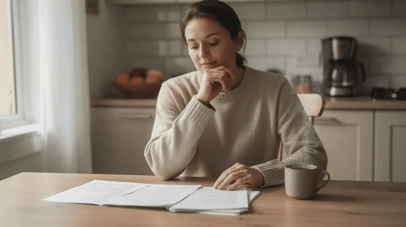 A person sits at a kitchen table, calmly reviewing financial paperwork while sipping a cup of coffee, appearing thoughtful amidst their financial situation. This scene reflects the emotional and financial stress that can arise from managing mortgage payments and potential missed payments, highlighting the importance of seeking professional assistance to avoid foreclosure.