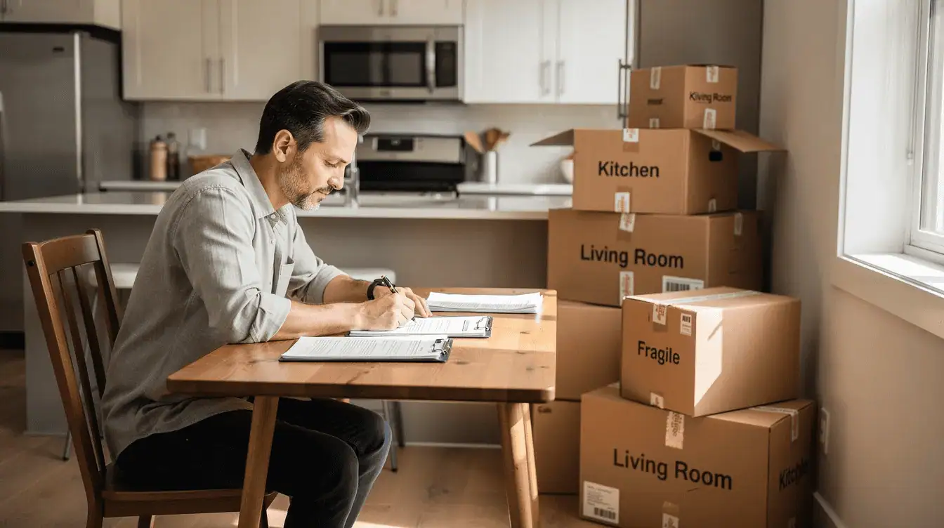 A homeowner sits at a kitchen table, reviewing closing paperwork with moving boxes stacked nearby, indicating an impending cash sale. The scene reflects the cash offer process, where the homeowner is likely preparing for the final sale price and closing date with the help of a real estate professional.