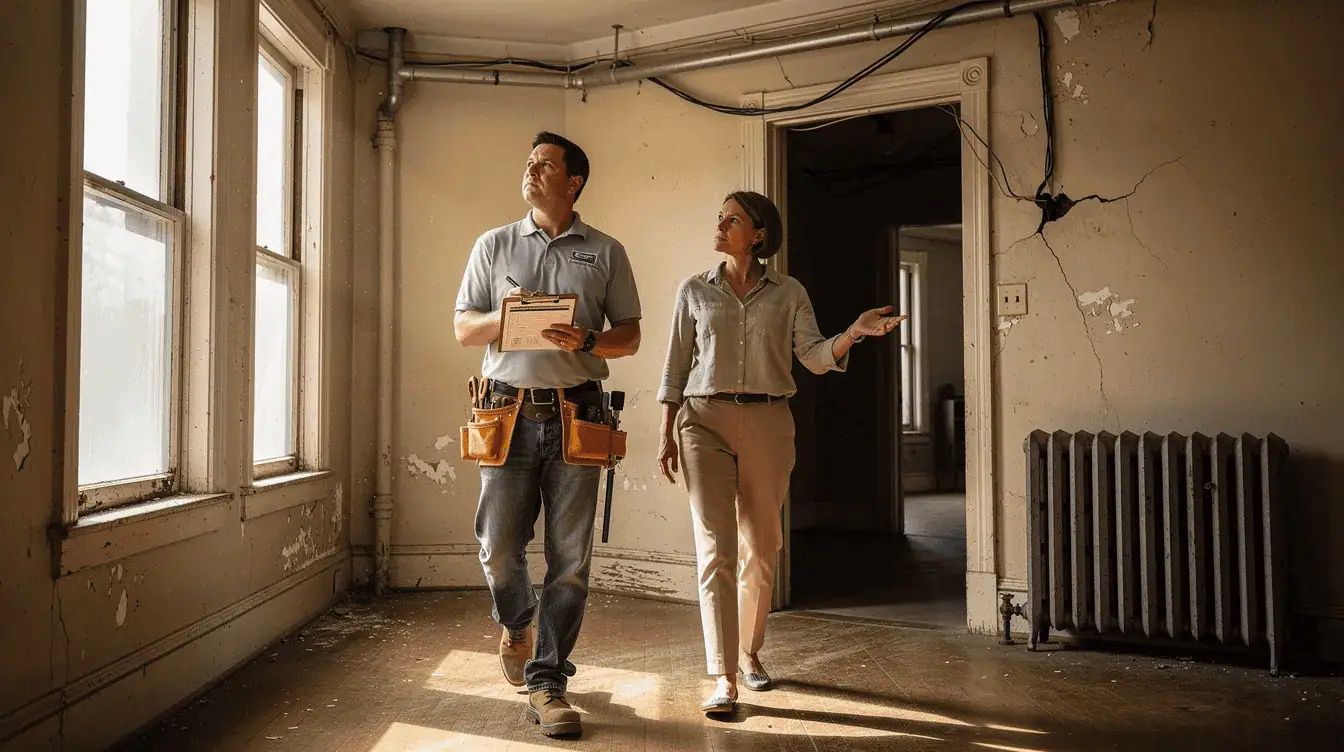 A contractor and a homeowner are walking through an older house during a home inspection, discussing potential repairs and improvements. This interaction is crucial for cash buyers who want to understand the property's condition before making a cash offer or negotiating the final sale price.
