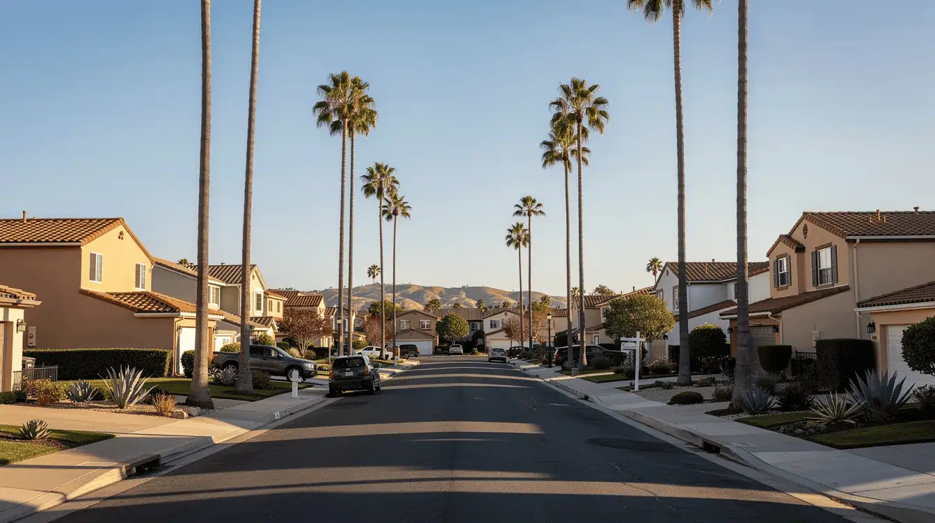 The image depicts a serene residential street in a Southern California neighborhood, featuring palm trees and charming stucco homes, creating a picturesque setting that reflects the area's warm climate and inviting atmosphere. This tranquil environment is ideal for families navigating financial situations, such as those behind on mortgage payments, seeking guidance from a real estate agent or financial advisor.