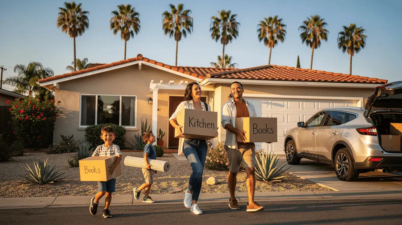 A family is seen carrying moving boxes outside a Southern California home, symbolizing the process of relocating, which often involves cash buyers conducting real estate transactions. This scene reflects the journey of home sale and purchase, highlighting the importance of cash offers and the closing date in competitive markets.
