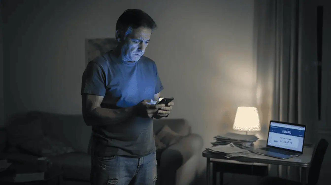 A middle-aged man is intently checking his phone, possibly to confirm if he has received a cash offer for his home. This moment reflects the anticipation many cash home buyers experience during the selling process, especially in the competitive Los Angeles market.