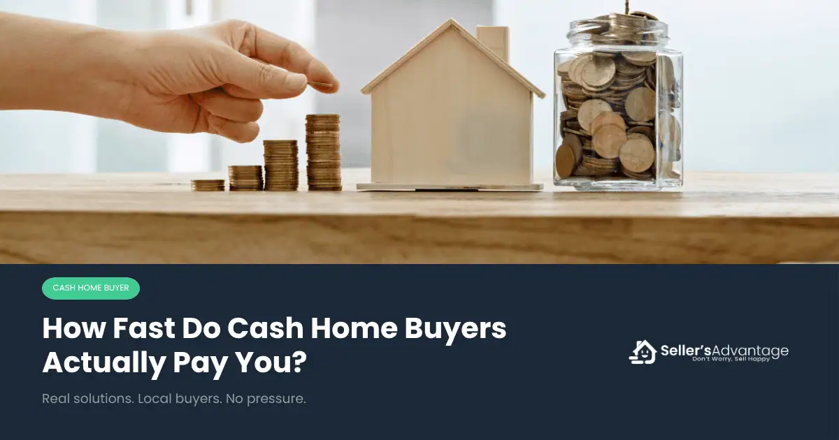 Hand stacking coins beside a small wooden house model and a jar filled with coins, representing cash proceeds from a home sale