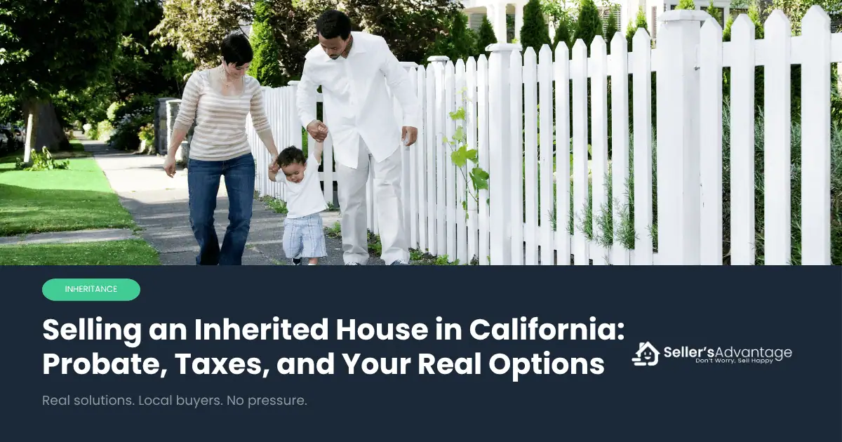 Family walking outside an inherited home in California