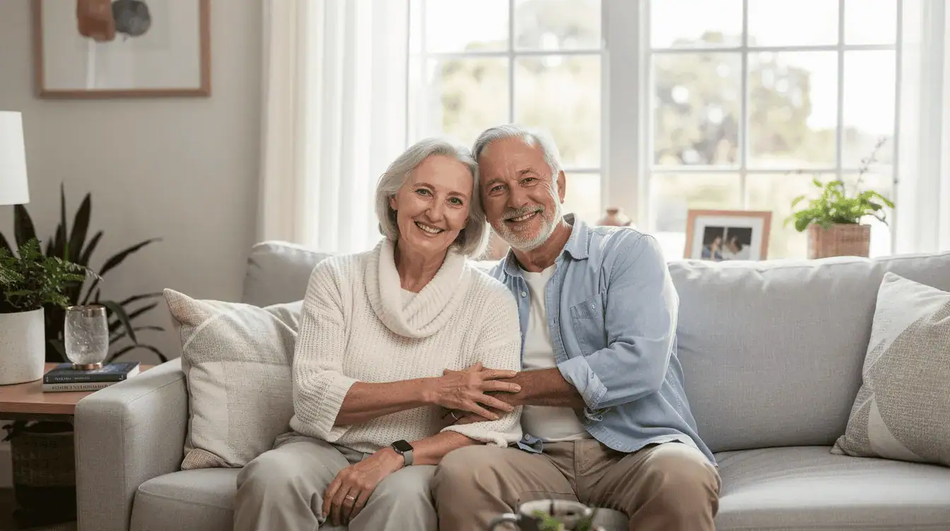 Una pareja de ancianos se sienta cómodamente en su casa de California, sonriendo a la cámara y reflejando la alegría de mudarse a una vivienda más asequible. Sus expresiones muestran las ventajas económicas de disfrutar de la vida en un espacio más pequeño, libres de las cargas del mantenimiento de una gran propiedad y de las elevadas facturas de servicios públicos.