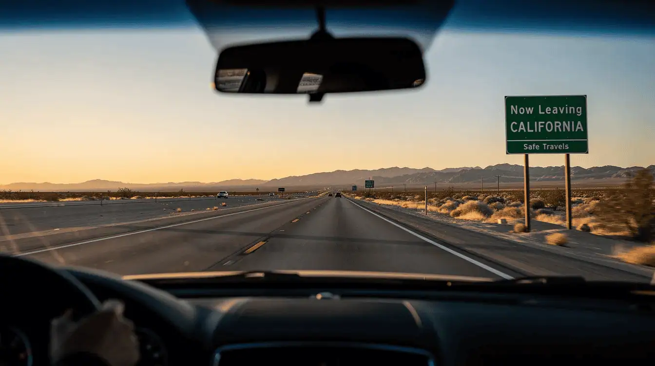 The image depicts a scenic view of a highway leading out of California, symbolizing the ongoing trend of the California exodus as residents leave the state in search of more affordable housing and better opportunities. This visual highlights the migration patterns of people moving to states like Texas and Arizona, reflecting the challenges of living in California's high-cost environment.