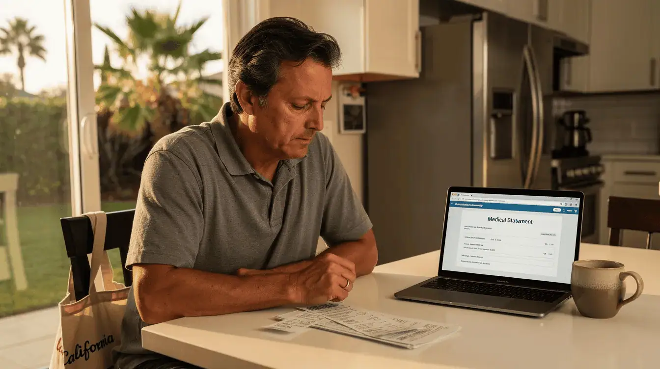 A California homeowner is sitting at a table, looking at a stack of medical bills with a concerned yet calm expression, reflecting the financial stress of managing urgent medical expenses. This scene highlights the challenges many face when considering selling their house to cover medical costs and achieve financial relief.