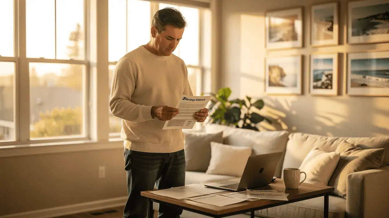 A California homeowner is sitting at a table in their home, examining a letter containing important mortgage information, which may include details about their primary mortgage, home equity loans, and potential sale proceeds. The atmosphere suggests a moment of contemplation about their financial situation, possibly considering how to manage their mortgage and HELOC balances during the home sale process.