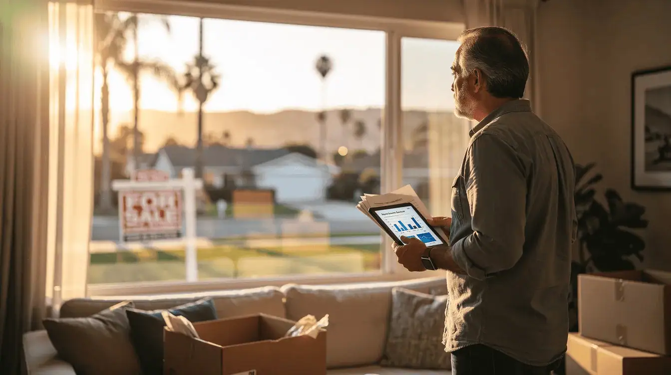 The image depicts a California homeowner deep in thought, weighing the decision to sell their home. They consider the benefits of working with a real estate agent versus accepting a cash offer from potential buyers, reflecting on how each option might impact their final sale price and financial goals in the current local market.