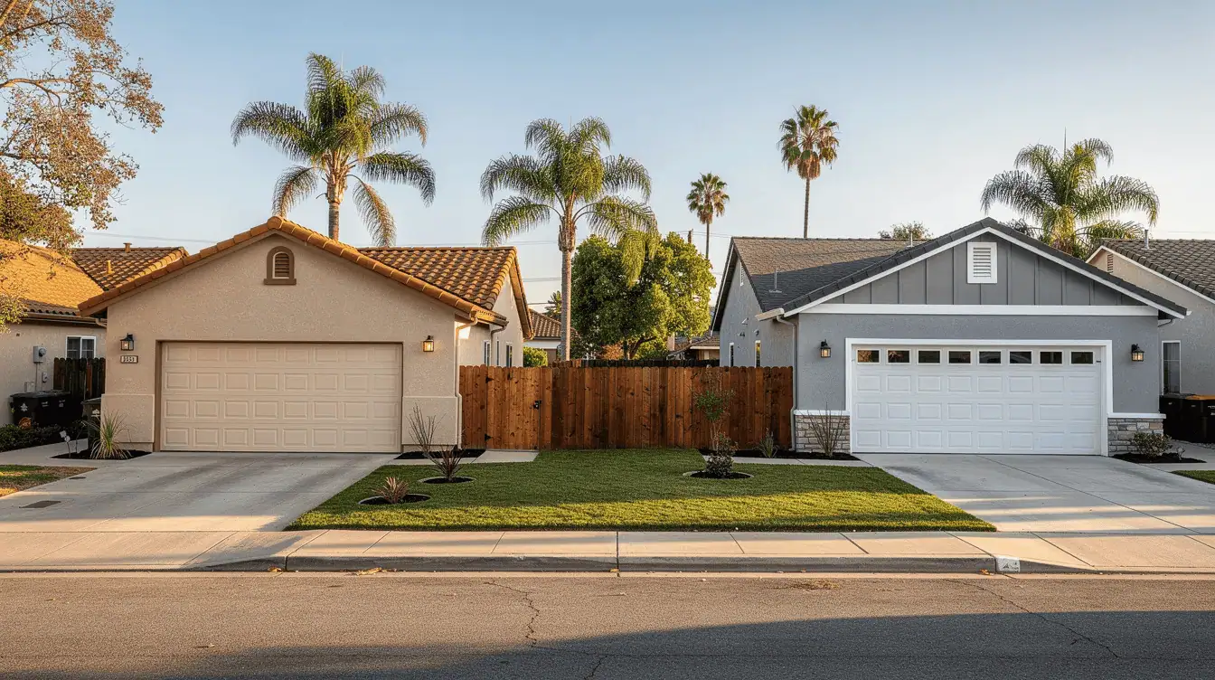 The image depicts two neighboring homes in a typical California neighborhood, separated by a wooden fence. This scene illustrates the potential for boundary disputes and easement issues that can arise between property owners regarding access rights and property ownership.