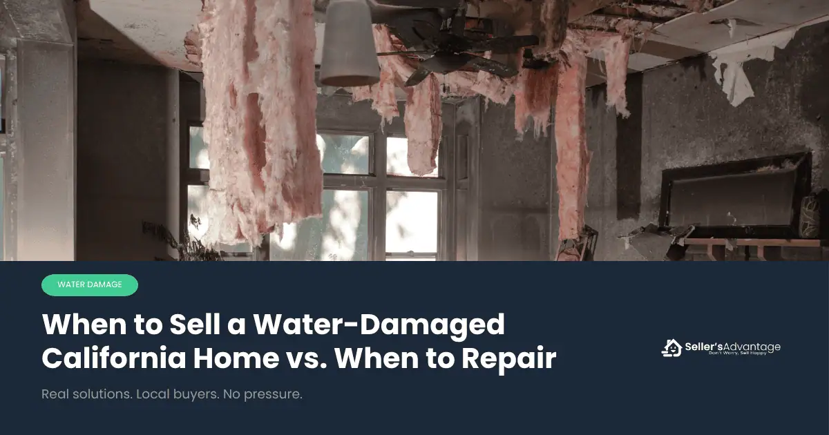 Water damaged California home, living room view with drywall and insulation falling from the ceiling.