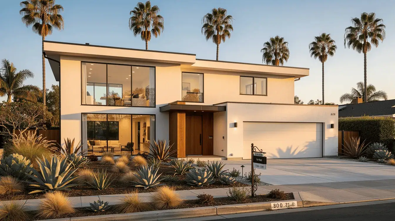 The image depicts a charming California rental property, showcasing a single-family home with a well-maintained yard. This property is ideal for tenants looking for housing assistance through programs like Section 8, offering potential landlords a great investment opportunity in urban development.