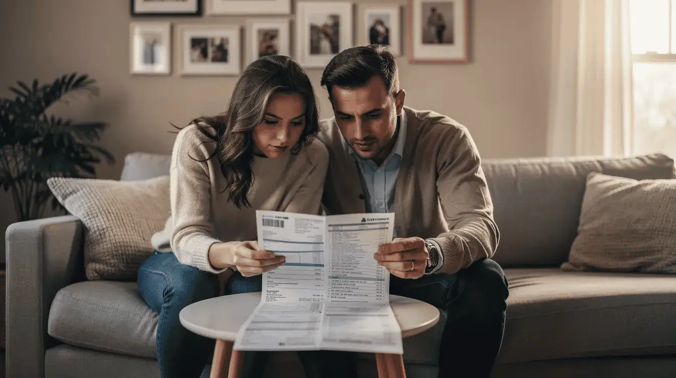 Una pareja se sienta en su casa, revisando un extracto bancario que muestra sus pagos hipotecarios y su situación financiera. Se les ve preocupados mientras lidian con las complejidades del proceso de ejecución hipotecaria y consideran opciones como las ventas a corto plazo en California con la ayuda de un agente inmobiliario.