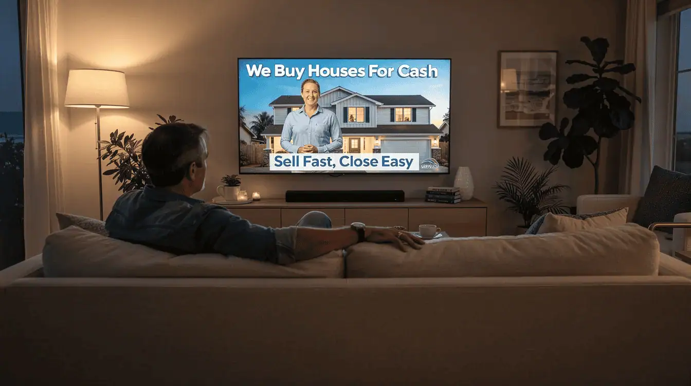 Un propietario de California se sienta cómodamente en su sala de estar, viendo un anuncio de televisión de una empresa que compra casas al contado. La pantalla muestra imágenes atractivas de familias y casas, explicando cómo la agencia puede ayudar a los propietarios a vender sus propiedades de forma rápida y sencilla.