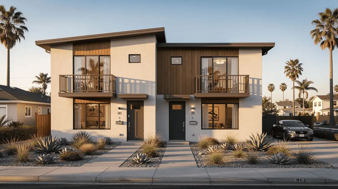 The image depicts a charming duplex home in California, showcasing a well-maintained exterior with vibrant landscaping. This property is ideal for cash buyers looking to invest in the California real estate market, particularly in areas like San Diego or Los Angeles, where fair market value and multiple cash offers are common.