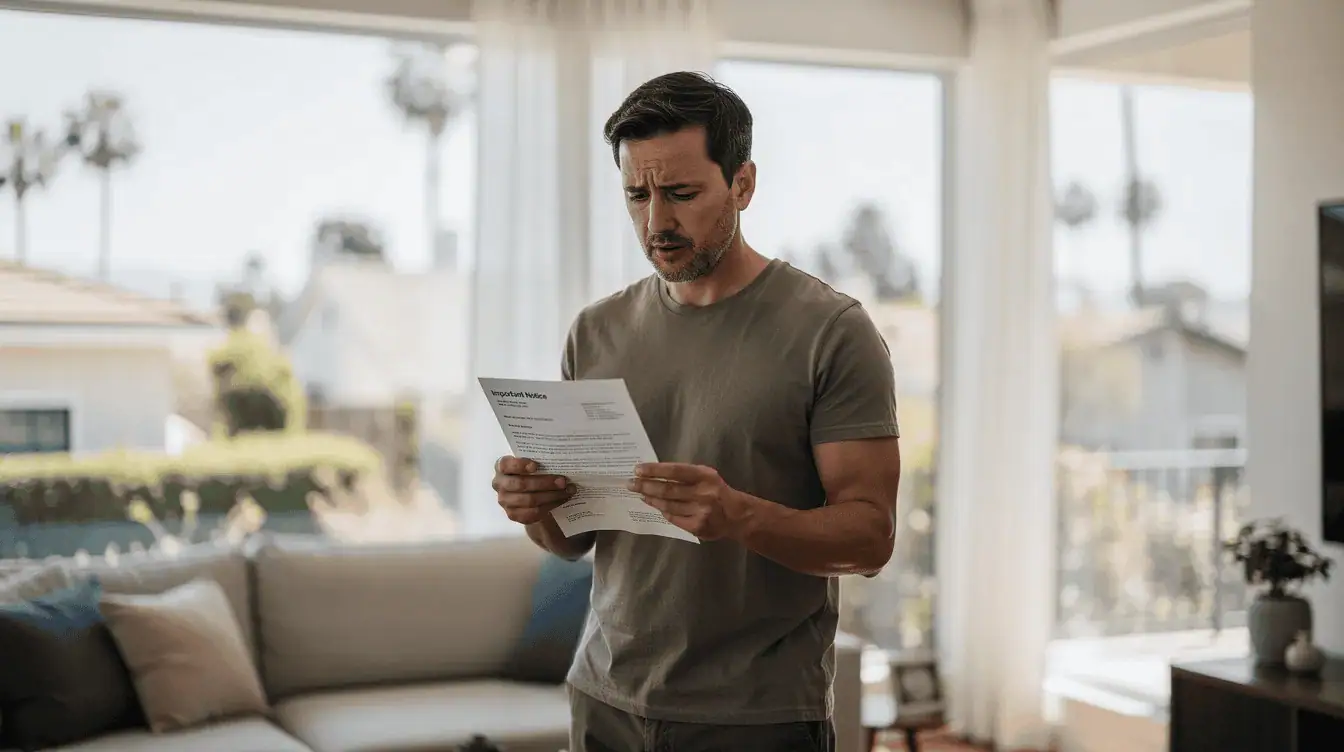 Un propietario de una vivienda en California está sentado a una mesa, leyendo una carta con una expresión de leve preocupación en el rostro, posiblemente relacionada con su póliza de seguro de hogar. La escena ilustra la importancia de comprender las opciones de cobertura, especialmente en zonas con alto riesgo de incendios forestales, al considerar las implicaciones para su hogar y sus pertenencias.