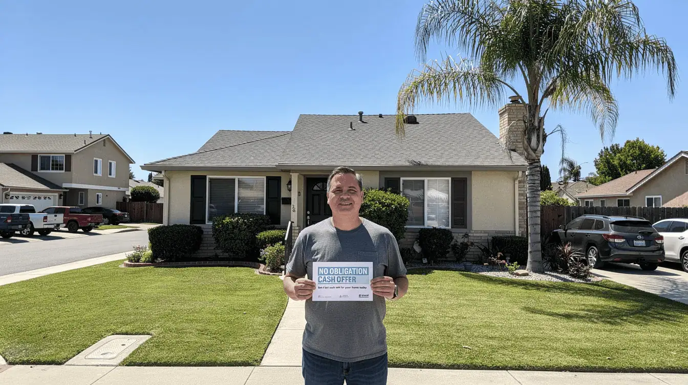 Un propietario de una vivienda en California se encuentra frente a su casa en un barrio típico, sosteniendo una postal que ofrece una "oferta en efectivo sin compromiso" por su propiedad. Esta postal resalta la facilidad de las transacciones en efectivo en el mercado inmobiliario, resultando atractiva para quienes consideran vender al contado sin las presiones de los compradores tradicionales.